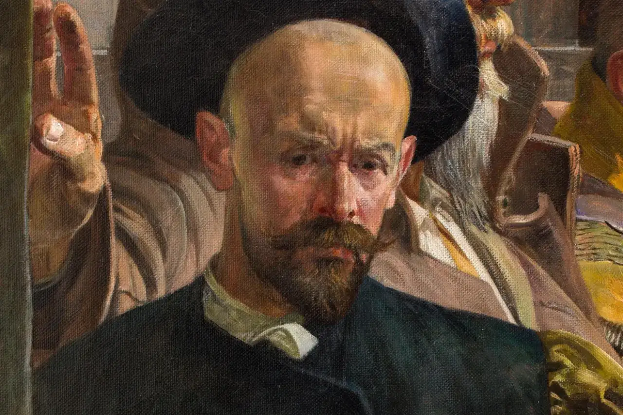 Portret mężczyzny z wąsami i brodą, być może Malczewski, najdroższy obraz. Dłoń z dwoma palcami uniesionymi w geście.