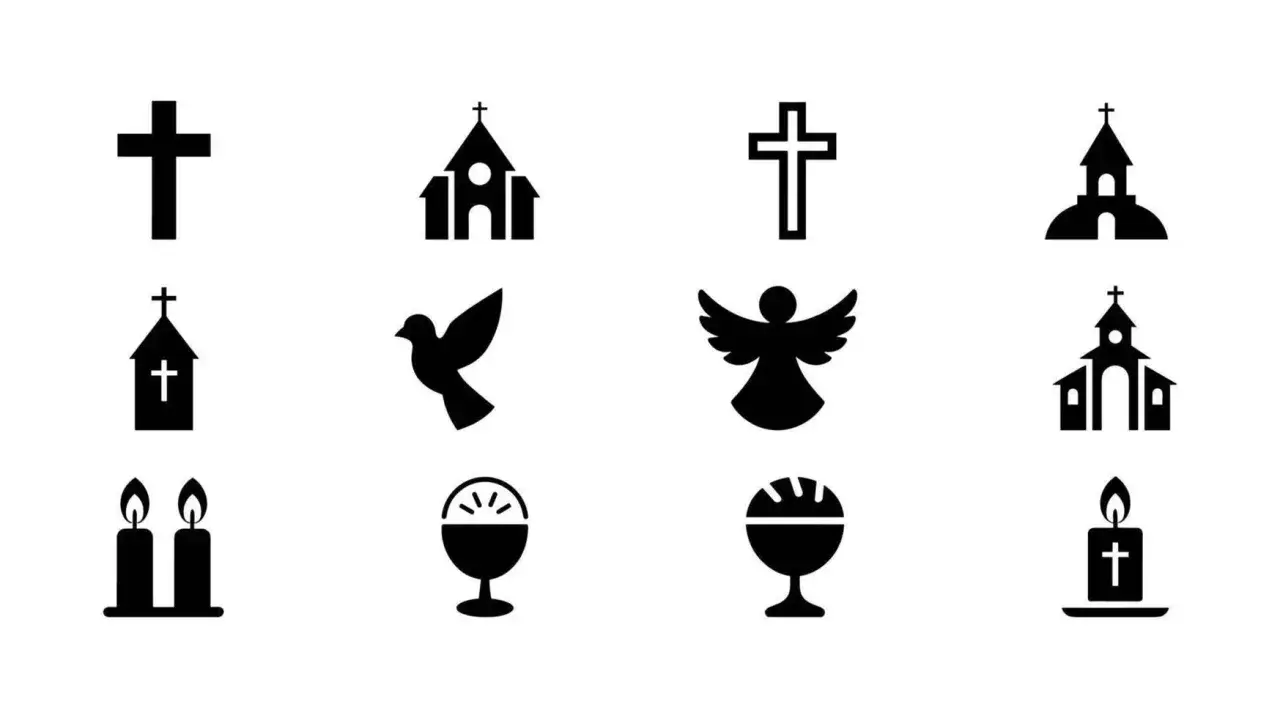 Ikony: krzyże, kościoły, gołębica, anioł, kielichy, świece. Te symbole religijne i ich znaczenie są kluczowe w wierze.