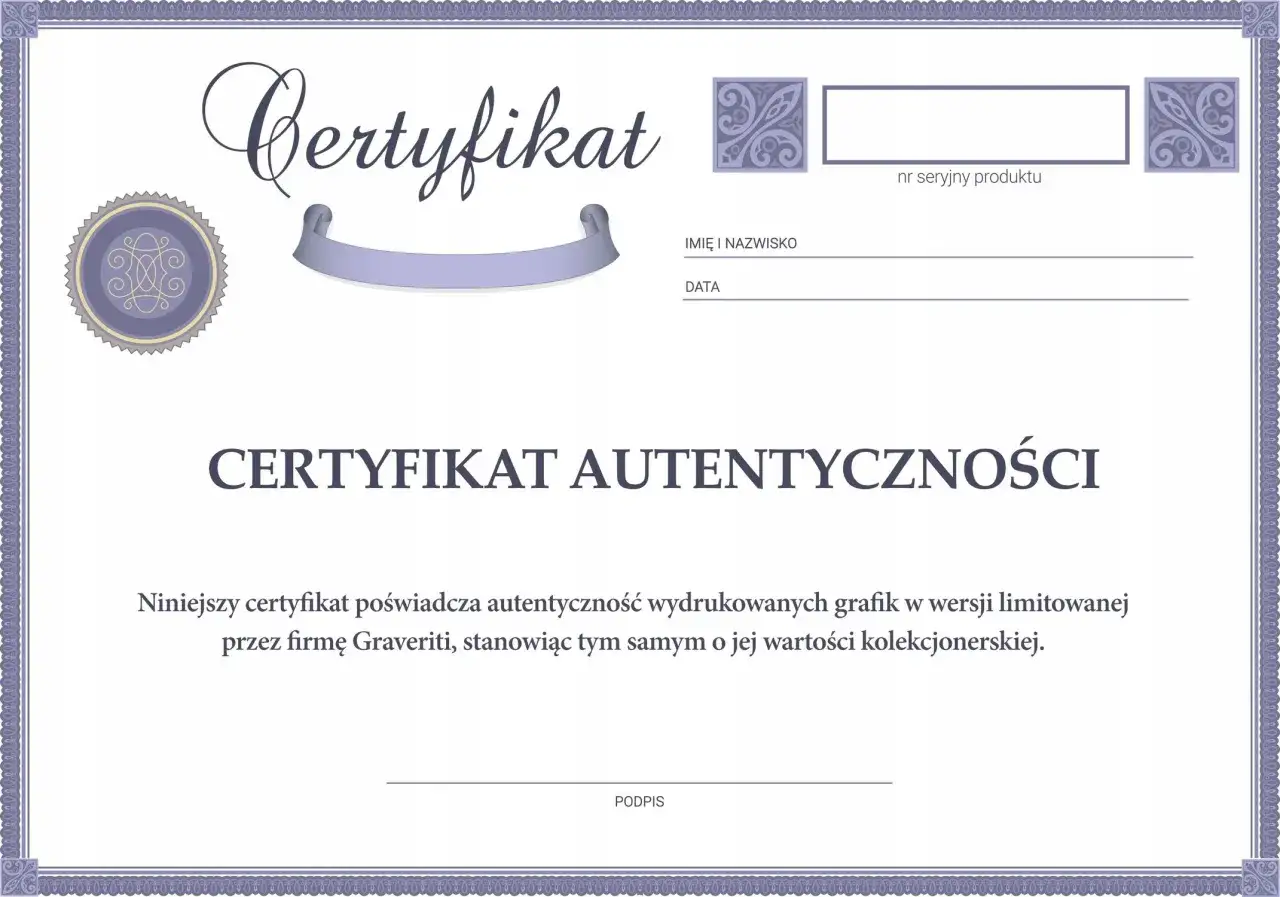 Certyfikat autentyczności obrazu, potwierdzający limitowaną wersję grafiki od firmy Graveriti.
