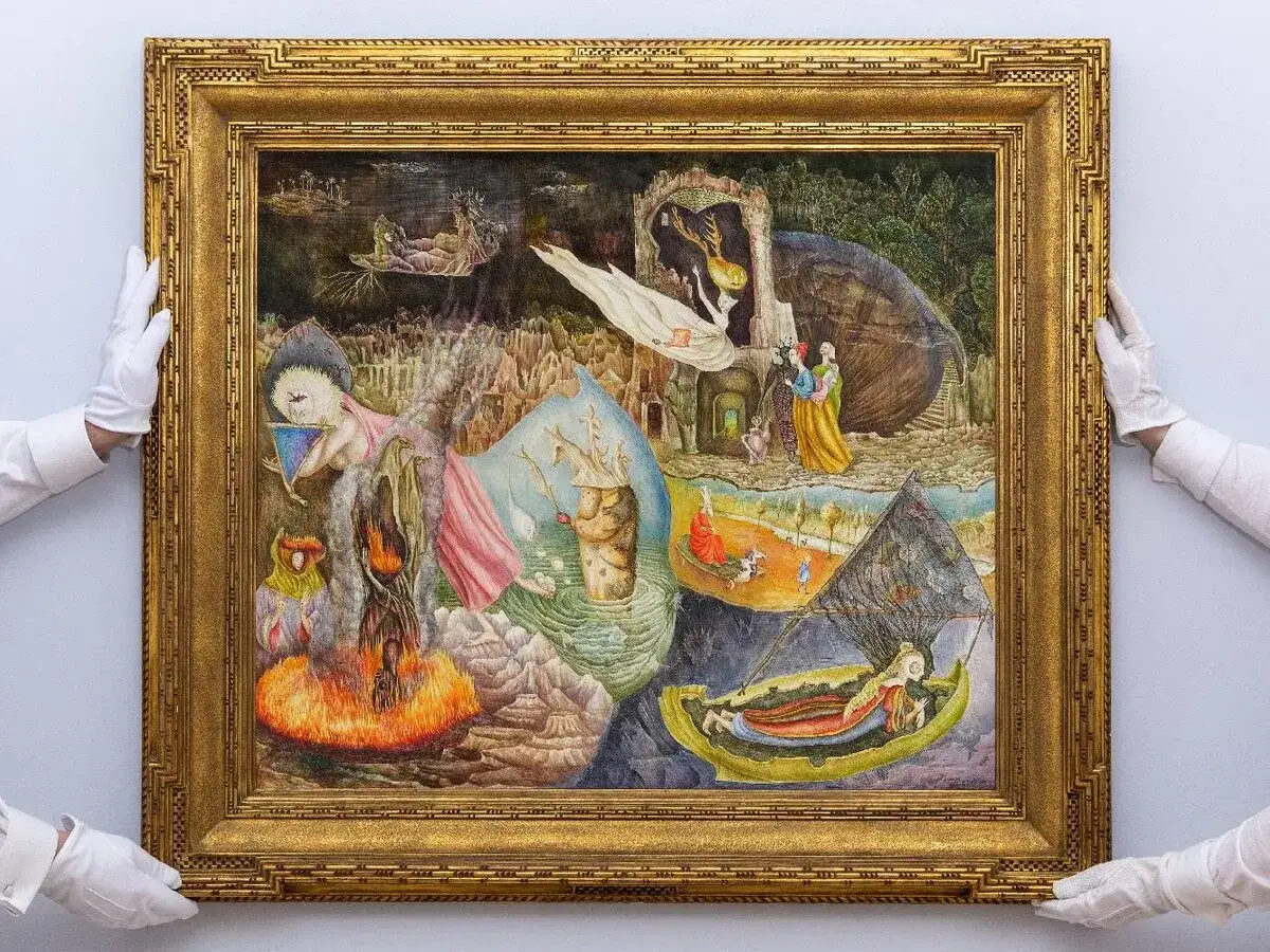 Obraz przedstawia surrealistyczny świat z płonącymi postaciami i łodziami. Dzieło, które mogło stworzyć najdroższy malarz współczesny, budzi zachwyt.
