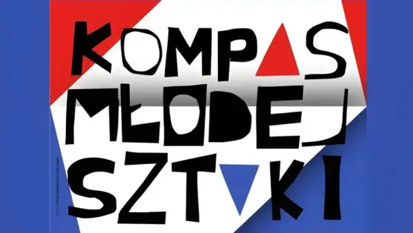 Kompas młodej sztuki: czarne litery na białym tle z czerwonymi i niebieskimi akcentami.