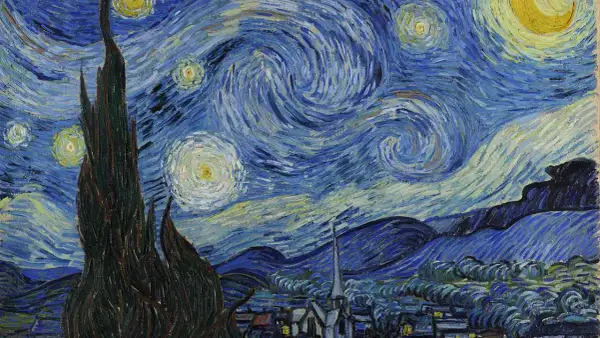 Gwieździsta noc, najdroższy obraz Van Gogha, z wirującym niebem, cyprysem i miasteczkiem.