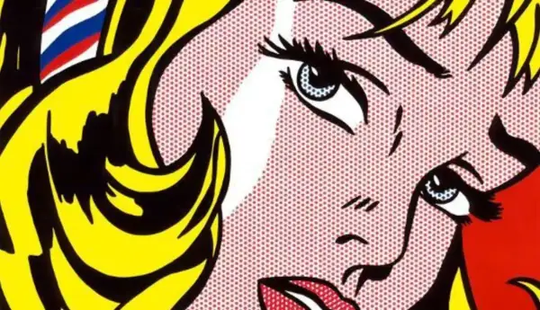 Ikoniczna twarz kobiety w stylu pop art Roy Lichtensteina, z charakterystycznymi kropkami Ben-Day i jaskrawymi kolorami.