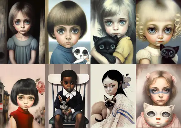 Obrazy w stylu Margaret Keane, z wielkimi oczami dzieci i zwierząt. Może to "Najdroższy Obraz" tej artystki?