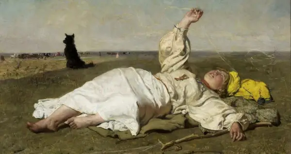 Polskie obrazy historyczne: dziewczyna odpoczywa na łące, pilnowana przez czarnego psa, w tle pasące się bydło.