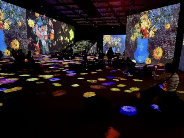 Wystawa Van Gogh: widzowie zanurzeni w projekcjach słoneczników i innych dzieł, siedzą na podłodze oświetlonej kolorowymi plamami.