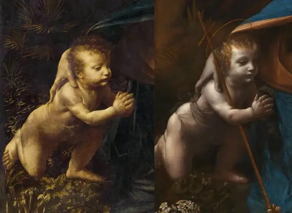 Dziecię Jezus klęczy w grocie, trzymając krzyż. Obok, jego dłoń spoczywa na ramieniu Madonny.