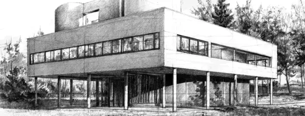 Realistyczne rysunki przedstawiają modernistyczny dom na palach, otoczony drzewami.