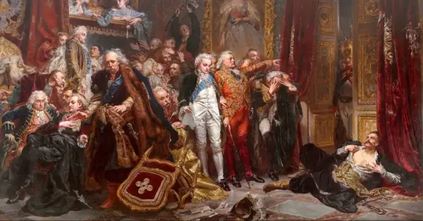 Monumentalne dzieła malarskie o tematyce historycznej ukazujące dramatyczne sceny z życia dworu.
