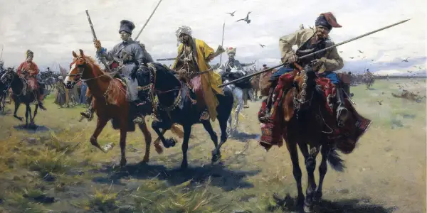Józef Brandt obrazy: kawalkada konnych wojowników w orientalnych strojach, z bronią białą i palną, na tle stepu.