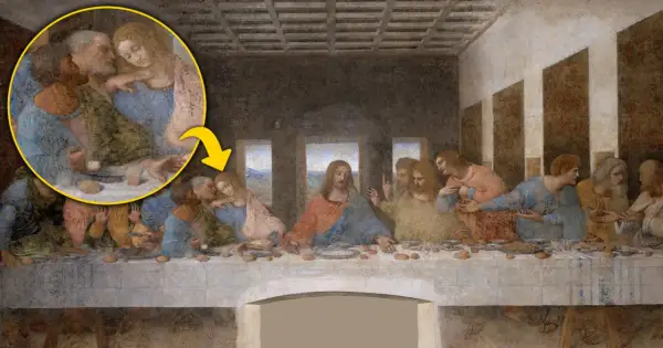 Ostatnia Wieczerza Leonarda da Vinci. Powiększony fragment ukazuje bliskość między postaciami, sugerującą intymną rozmowę.
