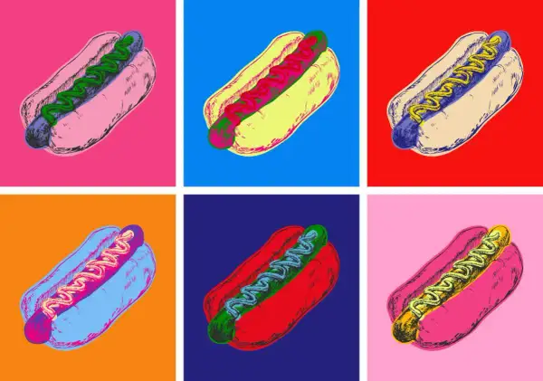Pop art cechy: hot dogi w jaskrawych, kontrastowych kolorach, powtarzające się motywy, stylizowany rysunek.