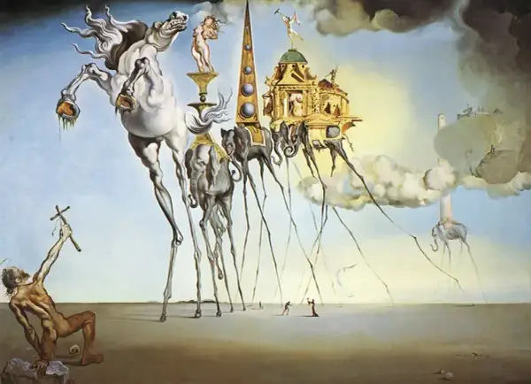 Surrealizm w malarstwie: koń na cienkich nogach, słonie z długimi nogami niosące budowle, postać z krzyżem.