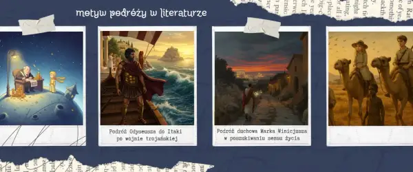 Ilustracje przedstawiają motyw podróży: Mały Książę na planecie, Odyseusz na morzu, Marek Winicjusz w drodze do Rzymu i dzieci na wielbłądach.