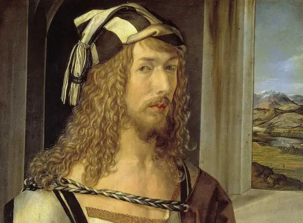 Portret młodego mężczyzny z kręconymi włosami i brodą, w ozdobnym nakryciu głowy. Obraz jednego z znanych malarzy, ukazujący krajobraz w tle.