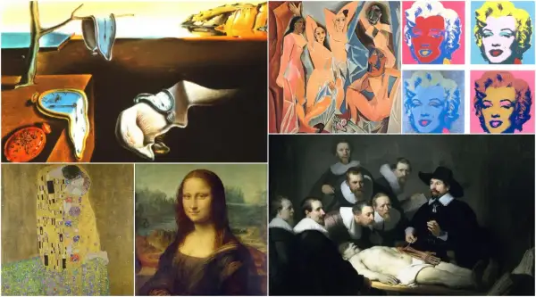 Kolaż słynnych obrazów: rozpływające się zegary Dalego, "Panny z Awinionu" Picassa, Marilyn Monroe Andy'ego Warhola, "Pocałunek" Klimta, Mona Lisa da Vinci i "Lekcja anatomii doktora Tulpa" Rembrandta. Jak znaleźć malarza obrazu?