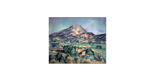 Krajobraz z Mont Sainte-Victoire, jedno z wielu dzieł Paula Cézanne'a, ukazuje górzysty teren z domami i drzewami.
