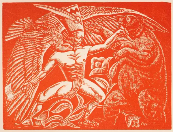 Polska grafika artystyczna: skrzydlaty wojownik walczy z niedźwiedziem w otoczeniu kwiatów.