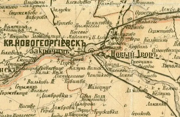 Mapa z zaznaczonymi miejscowościami, w tym Kr. Новогеоргиевскъ i Новый Дворъ. Może to być baza zaginionych dzieł sztuki.
