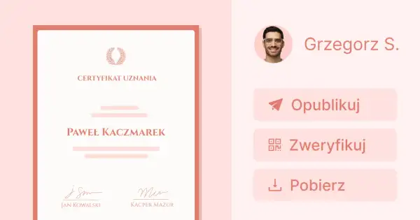 Certyfikat autentyczności obrazu dla Pawła Kaczmarka, wydany przez Grzegorza S. z opcją publikacji i weryfikacji.