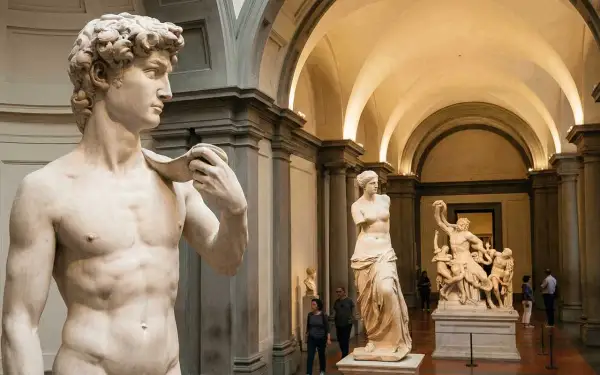 Wielkie marmurowe dzieła sztuki, w tym Dawid i Wenus, prezentują najpiękniejsze rzeźby świata w muzeum.